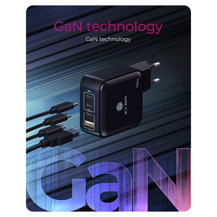ICY BOX IcyBox 4-Port 100W GaN con PD 3.0 - Cargador de Pared USB-C Compacto y Rápido