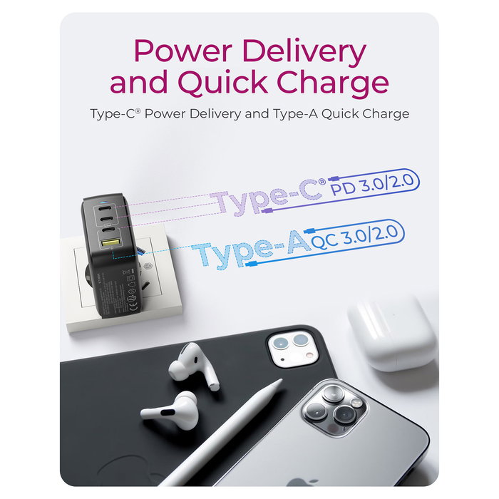 ICY BOX IcyBox 4-Port 100W GaN con PD 3.0 - Cargador de Pared USB-C Compacto y Rápido