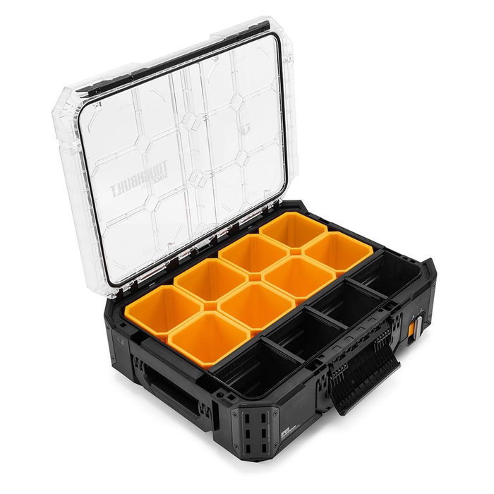 Toughbuilt Organizador Stacktech de Polímero con Esquinas de Acero, 53 x 40.5 x 19 cm, Incluye 8 Contenedores, Tapa Transparente Reforzada, IP65, Capacidad 34 kg