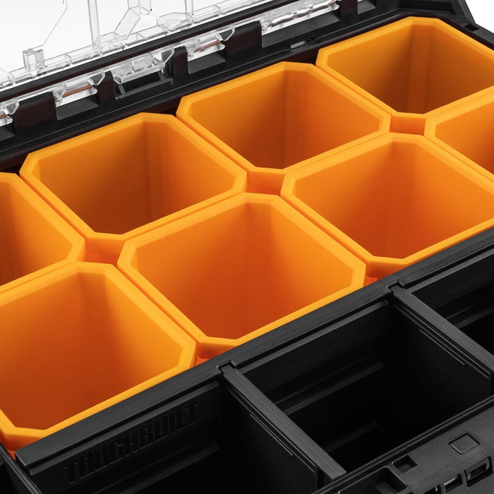Toughbuilt Organizador Stacktech de Polímero con Esquinas de Acero, 53 x 40.5 x 19 cm, Incluye 8 Contenedores, Tapa Transparente Reforzada, IP65, Capacidad 34 kg