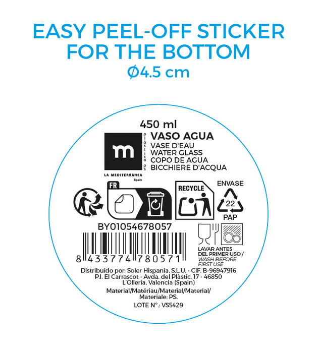 Inde Vaso de Agua La Mediterranea 450 ml, 10.4 cm Alto, Vidrio, para Agua, Jugo o Refresco (12 Unidades)