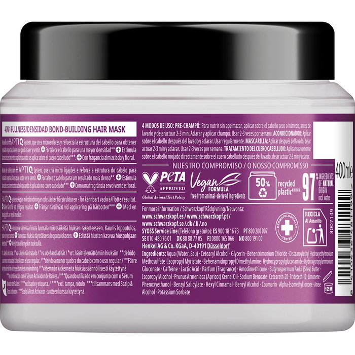 Schwarzkopf Gliss Full Hair Wonder Mascarilla Multifuncional 4 en 1 - 400 ml - Densifica el Cabello en 6 Semanas con HAPTIQ System