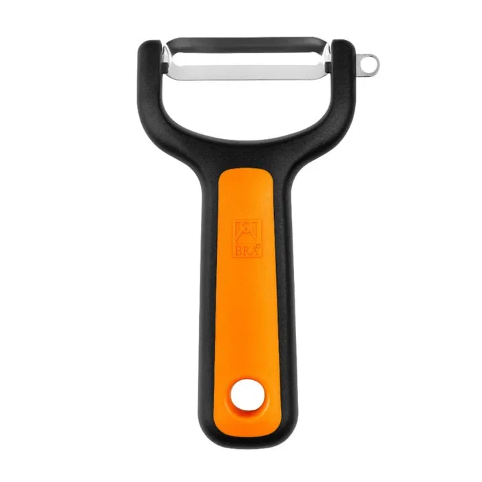 BRA A195013 Pelador Liso en Y para Frutas y Verduras - Pelador de acero inoxidable, corte extrafino, con punzón, color Negro, Naranja, Plata