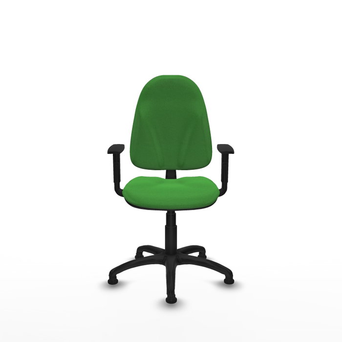 Silla de oficina Algarra con mecanismo Contacto permanente básico tapizada con Tela color Verde. Equipada con Base poliamida negra, Brazos 1Dy Topes