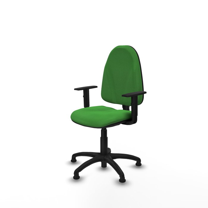 Silla de oficina Algarra con mecanismo Contacto permanente básico tapizada con Tela color Verde. Equipada con Base poliamida negra, Brazos 1Dy Topes