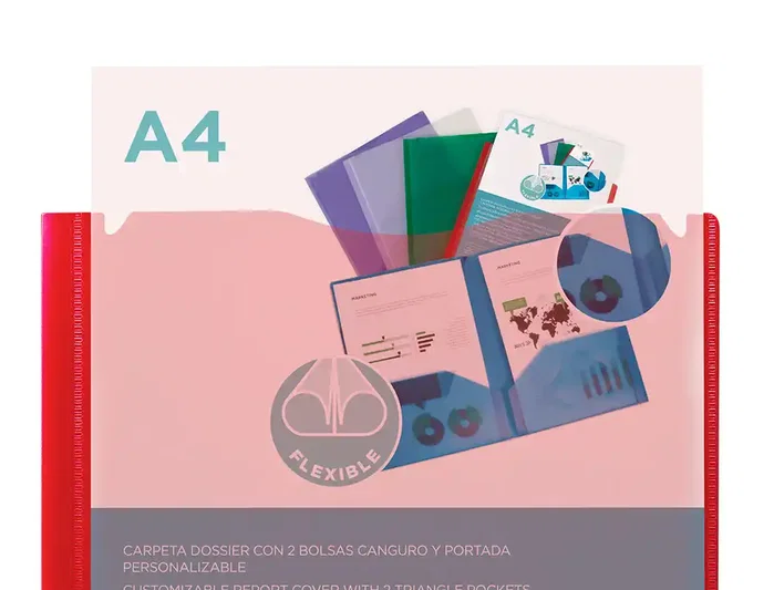 Liderpapel Carpeta dossier con dos bolsas canguro roja DIN A4 Liderpapel Carpeta dossier con dos bolsas canguro roja DIN A4