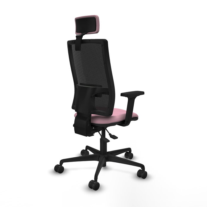 Silla de oficina Bormate con mecanismo Asincro tapizada con Tela color Rosa y malla color Negro. Equipada con lumbar 1D, Brazos 2D, Cabecero 2D y Ruedas 65mm nailon