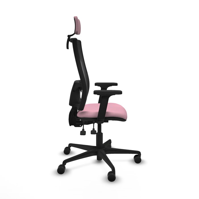 Silla de oficina Bormate con mecanismo Asincro tapizada con Tela color Rosa y malla color Negro. Equipada con lumbar 1D, Brazos 2D, Cabecero 2D y Ruedas 65mm nailon