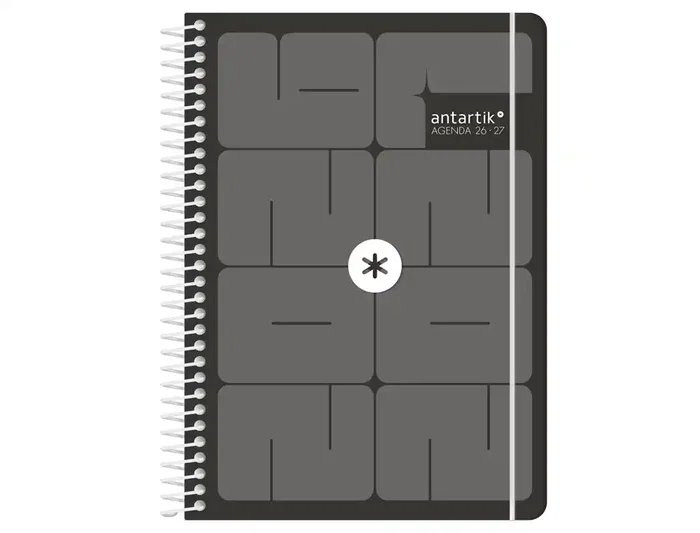 Antartik Essentials Agenda Escolar 26-27 Espiral, Día Página A5+, Papel FSC 80g, Interior Bilingüe, Color Negro