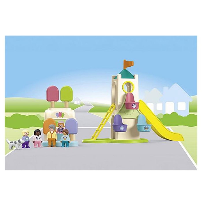 Playmobil Junior Parque Infantil Aventura, Juguete de Torre con Tobogán y Tiovivo para Niños de 1 a 4 Años, Fabricado con Plástico de Origen Vegetal