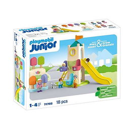 Playmobil Junior Parque Infantil Aventura, Juguete de Torre con Tobogán y Tiovivo para Niños de 1 a 4 Años, Fabricado con Plástico de Origen Vegetal