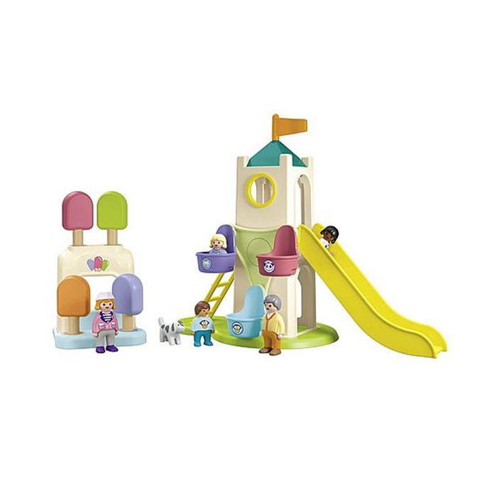 Playmobil Junior Parque Infantil Aventura, Juguete de Torre con Tobogán y Tiovivo para Niños de 1 a 4 Años, Fabricado con Plástico de Origen Vegetal