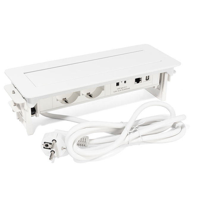 ILIMINACION Y ACC. Regleta Enchufes Basculante SWING-S Aluminio Blanco/Negro con 2 Schuko, 1 USB-A, 1 USB-C y RJ45