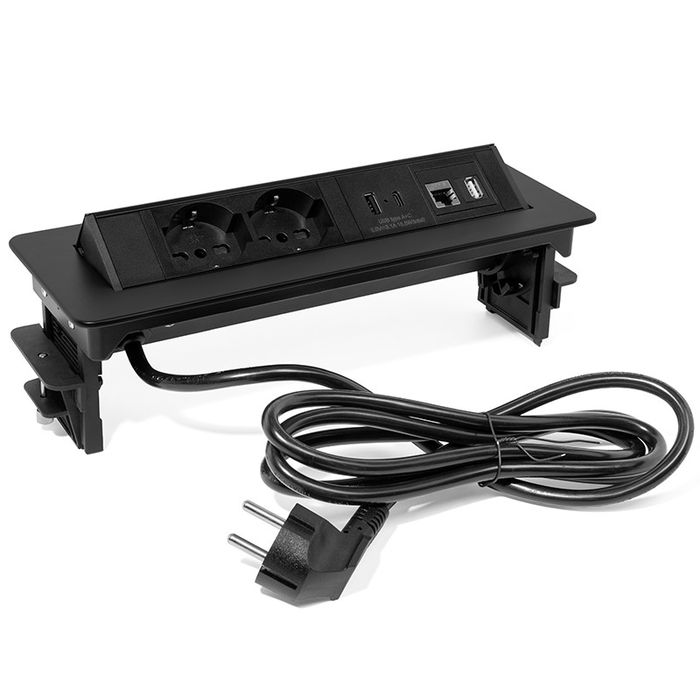 ILIMINACION Y ACC. Regleta Enchufes Basculante SWING-S Aluminio Blanco/Negro con 2 Schuko, 1 USB-A, 1 USB-C y RJ45