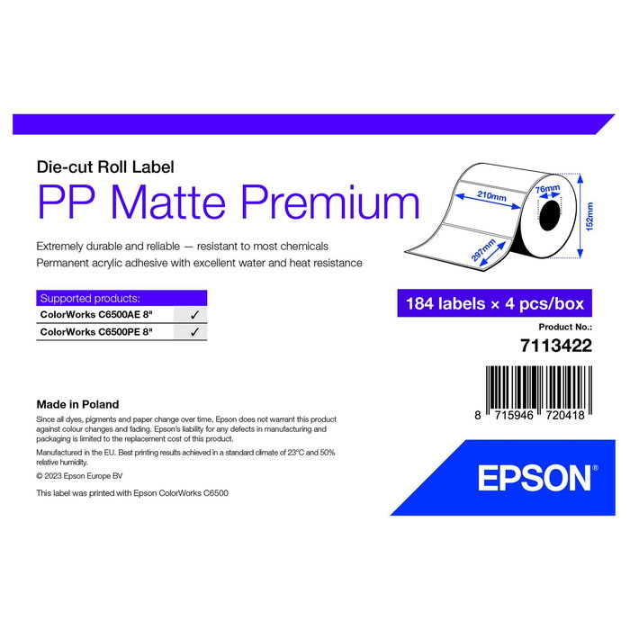 Epson PP Matte Label 210x297mm 184 Etiquetas Die-Cut Epson PP Matte Label 210x297mm 184 Etiquetas Die-Cut