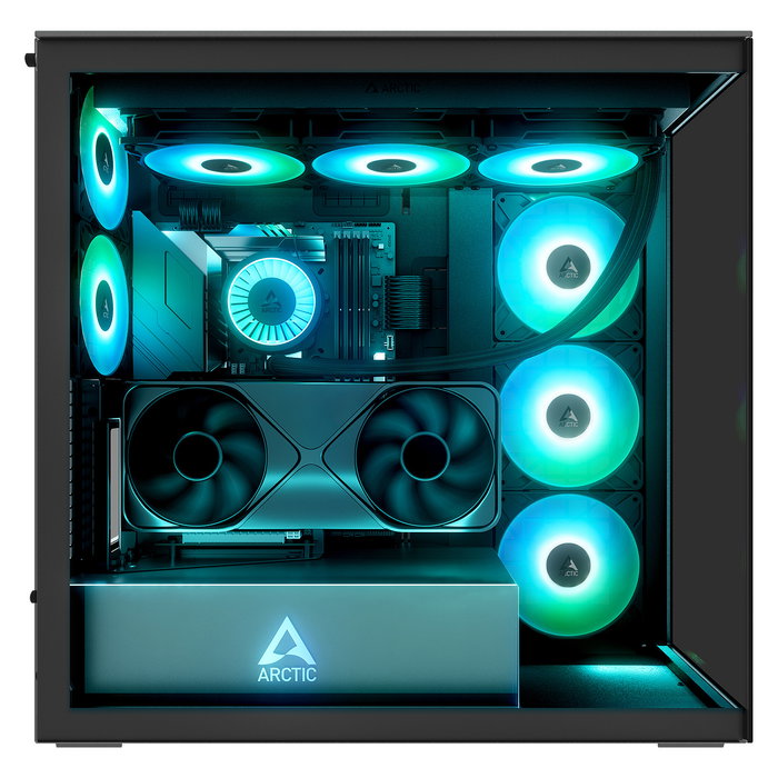 ARCTIC Xtender Caja PC Gaming Mid-Tower, Negro Cristal Templado Espejo, Soporte EATX, Montaje Vertical GPU, 6 Bahías, 7 Ranuras, Controlador Ventiladores ARGB 4-pin