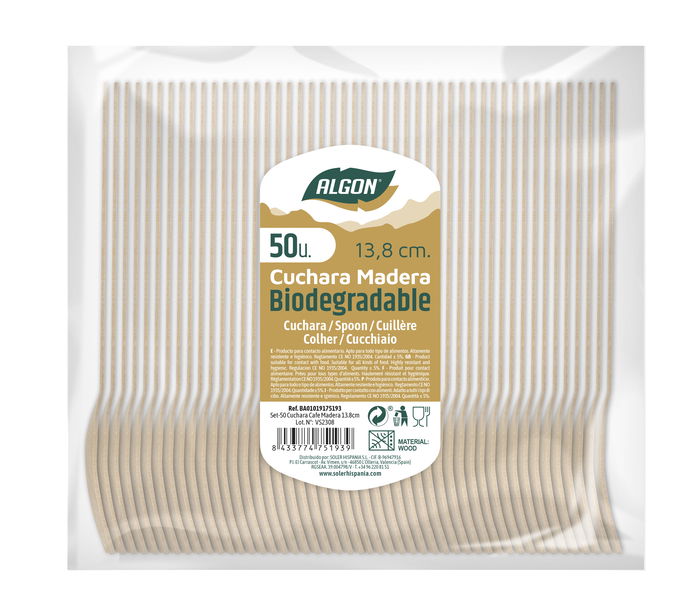 Algon Set 50 Cucharas de Café de Madera 13.8 cm (20 Unidades)