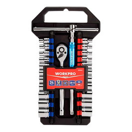 Workpro Juego de 24 Piezas de Carraca y Vasos 3/8 Pulg, con Mango T Giratorio, 11 Vasos Métricos (8-21mm) y 11 SAE (1/4"-13/16"), Acero Cromo Vanadio