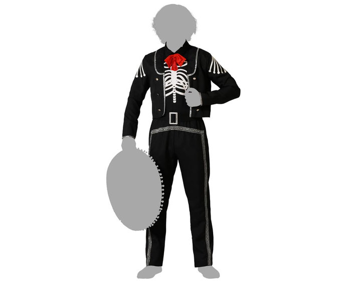 Disfraz para Hombre Adulto Halloween Día de los Muertos - Chaqueta Negra con Calavera, Pantalón, Camisa y Cinturón, Talla XL