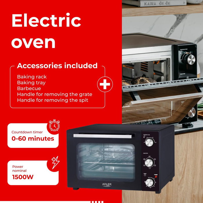 Adler AD 6026 Horno Eléctrico de 48 L, 1800 W, Negro Adler AD 6026 Horno Eléctrico de 48 L, 1800 W, Negro