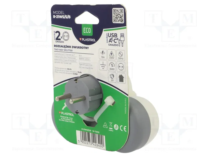PLASTROL Conector de alimentación AC para una fase de red R-21WS/S/B W-72010 PLASTROL Conector de alimentación AC para una fase de red R-21WS/S/B W-72010