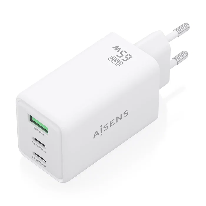 Aisens Cargador GaN 65W con 2xUSB-C y 1xUSB-A, Blanco