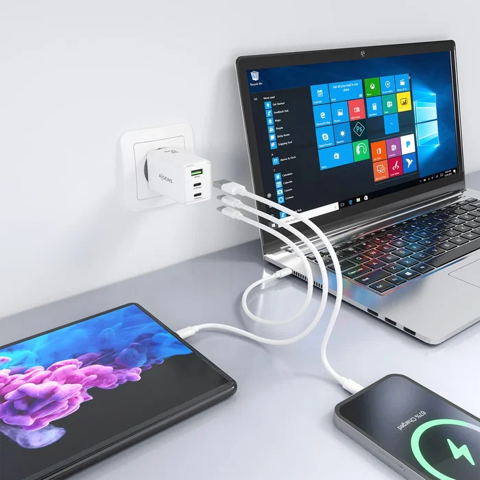 Aisens Cargador GaN 65W con 2xUSB-C y 1xUSB-A, Blanco
