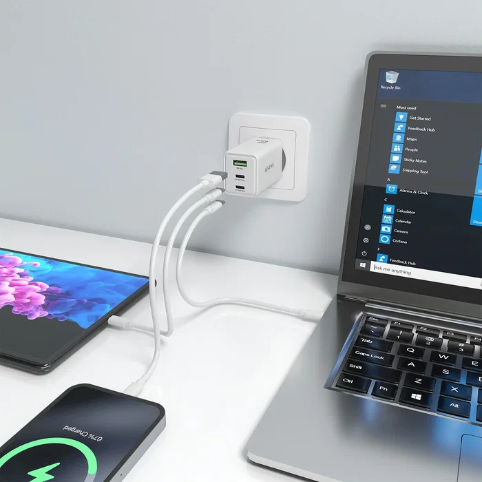 Aisens Cargador GaN 65W con 2xUSB-C y 1xUSB-A, Blanco