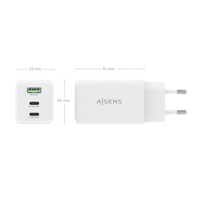 Aisens Cargador GaN 65W con 2xUSB-C y 1xUSB-A, Blanco