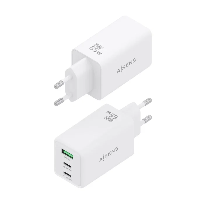Aisens Cargador GaN 65W con 2xUSB-C y 1xUSB-A, Blanco