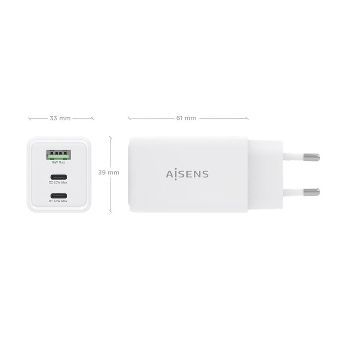 Aisens Cargador GaN 65W con 2xUSB-C y 1xUSB-A Blanco Aisens Cargador GaN 65W con 2xUSB-C y 1xUSB-A Blanco