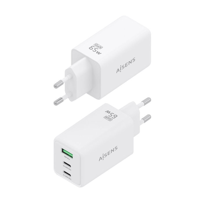 Aisens Cargador GaN 65W con 2xUSB-C y 1xUSB-A Blanco Aisens Cargador GaN 65W con 2xUSB-C y 1xUSB-A Blanco