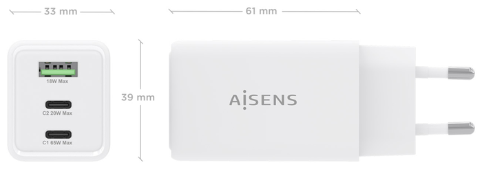 Aisens Cargador GaN 65W con 2xUSB-C y 1xUSB-A Blanco Aisens Cargador GaN 65W con 2xUSB-C y 1xUSB-A Blanco