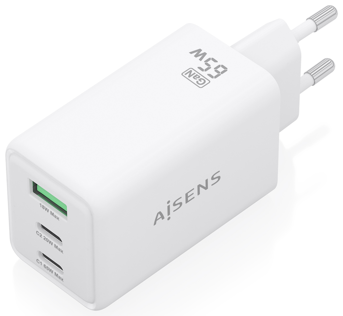 Aisens Cargador GaN 65W con 2xUSB-C y 1xUSB-A Blanco Aisens Cargador GaN 65W con 2xUSB-C y 1xUSB-A Blanco