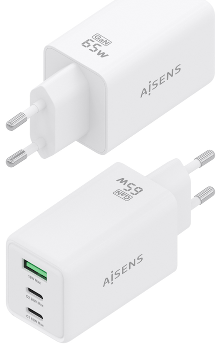 Aisens Cargador GaN 65W con 2xUSB-C y 1xUSB-A Blanco Aisens Cargador GaN 65W con 2xUSB-C y 1xUSB-A Blanco