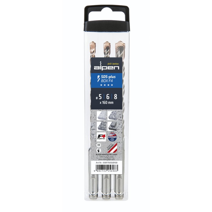 Alpen Alpen SDS+ F4 Box Juego de 3 brocas de 5, 6 y 8 mm (160 mm) Alpen Alpen SDS+ F4 Box Juego de 3 brocas de 5, 6 y 8 mm (160 mm)