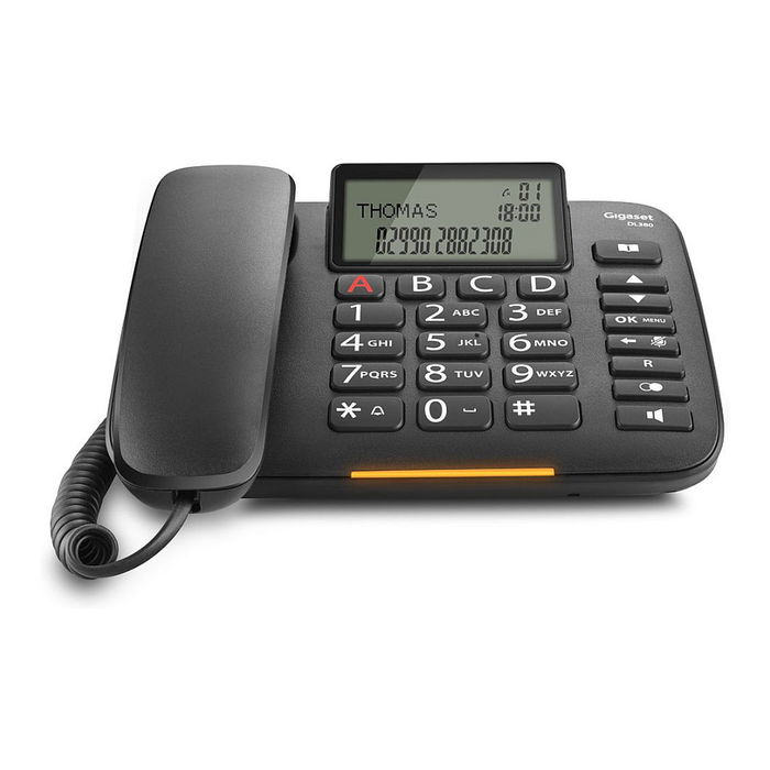 Gigaset DL380 Teléfono Analógico con Altavoz, Identificador de Llamadas, Pantalla LCD, 99 Entradas, Negro