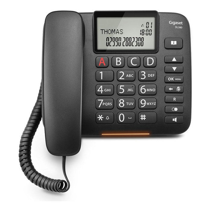 Gigaset DL380 Teléfono Analógico con Altavoz, Identificador de Llamadas, Pantalla LCD, 99 Entradas, Negro