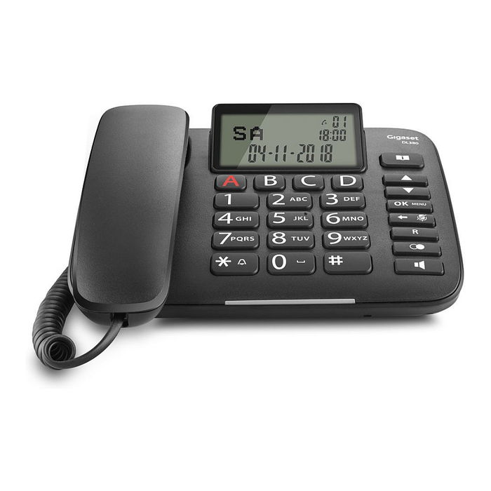 Gigaset DL380 Teléfono Analógico con Altavoz, Identificador de Llamadas, Pantalla LCD, 99 Entradas, Negro
