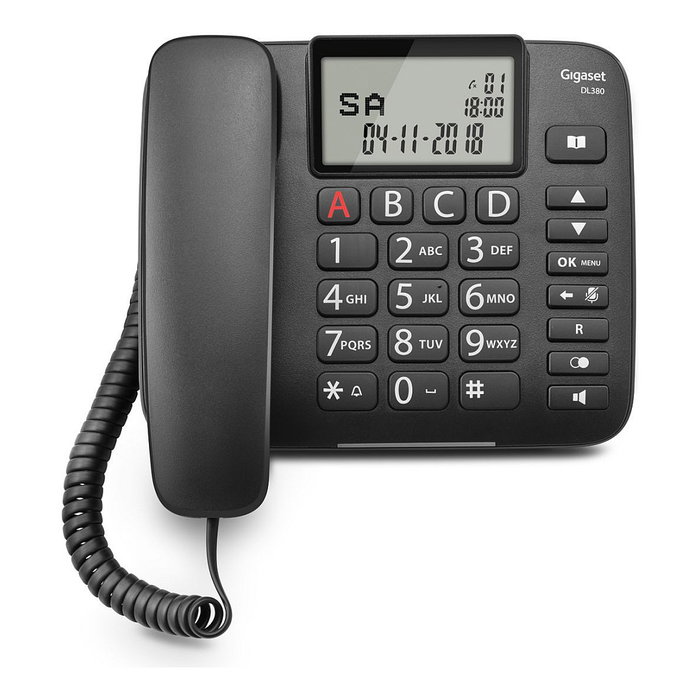 Gigaset DL380 Teléfono Analógico con Altavoz, Identificador de Llamadas, Pantalla LCD, 99 Entradas, Negro