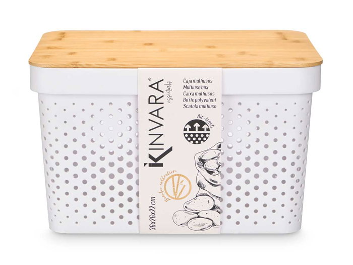 Kinvara Caja Multiusos Perforada con Tapa de Bambú Blanca 35.7 x 26.2 x 22 cm (Set de 4)