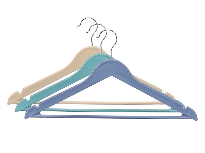 Kipit Set 3 Perchas de Plástico en 3 Colores Surtidos, 42.5x22.5x3 cm (Set de 24)