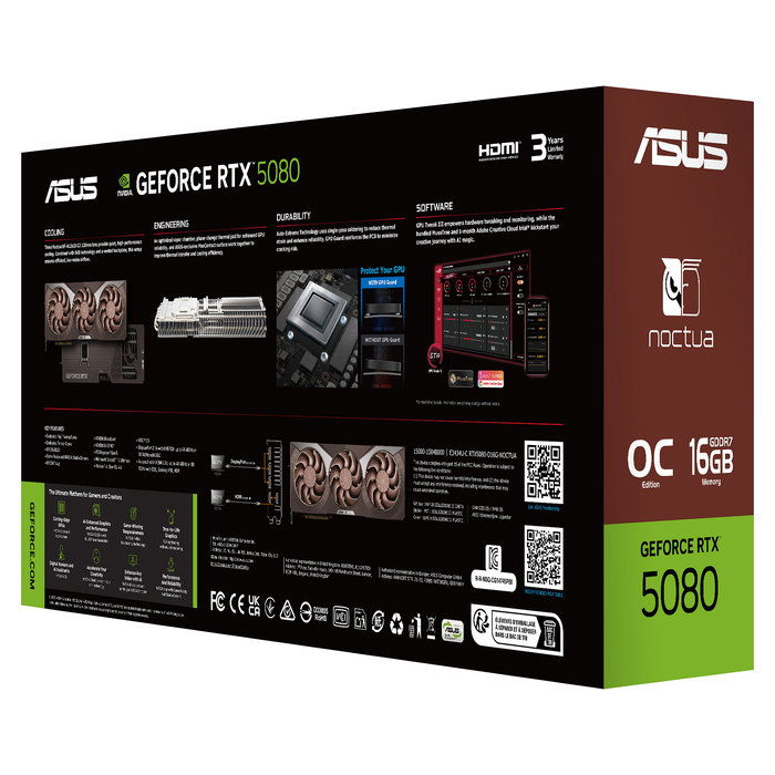 ASUS GeForce RTX 5080 16GB GDDR7 OC Edition (RTX5080-O16G-NOCTUA) - Tarjeta gráfica con 3 ventiladores