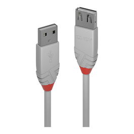 LINDY Cable de Extensión USB 2.0 Tipo A Macho a Hembra, 2 Metros, Gris, 480 Mbit/s, 36713