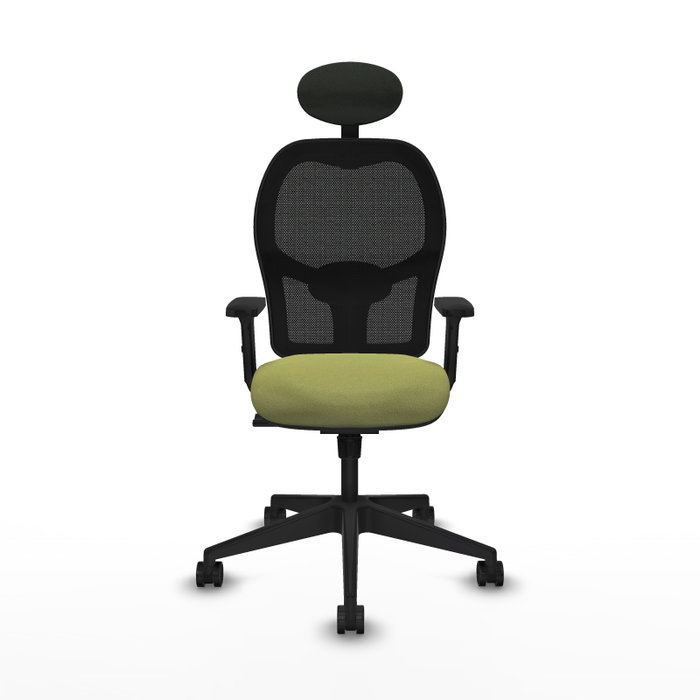 Silla de oficina Alocén con mecanismo Sincro tapizada con Tela color Verde oliva y malla color Negro. Equipada con lumbar 1D, Brazos 2D, Cabecero Fijo y Ruedas 65mm nailon
