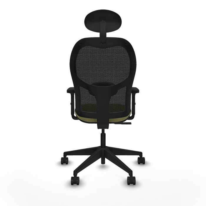 Silla de oficina Alocén con mecanismo Sincro tapizada con Tela color Verde oliva y malla color Negro. Equipada con lumbar 1D, Brazos 2D, Cabecero Fijo y Ruedas 65mm nailon