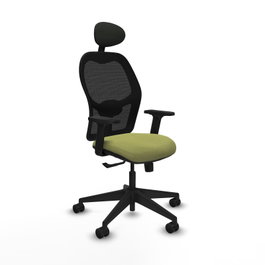 Silla de oficina Alocén con mecanismo Sincro tapizada con Tela color Verde oliva y malla color Negro. Equipada con lumbar 1D, Brazos 2D, Cabecero Fijo y Ruedas 65mm nailon