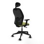 Silla de oficina Alocén con mecanismo Sincro tapizada con Tela color Verde oliva y malla color Negro. Equipada con lumbar 1D, Brazos 2D, Cabecero Fijo y Ruedas 65mm nailon