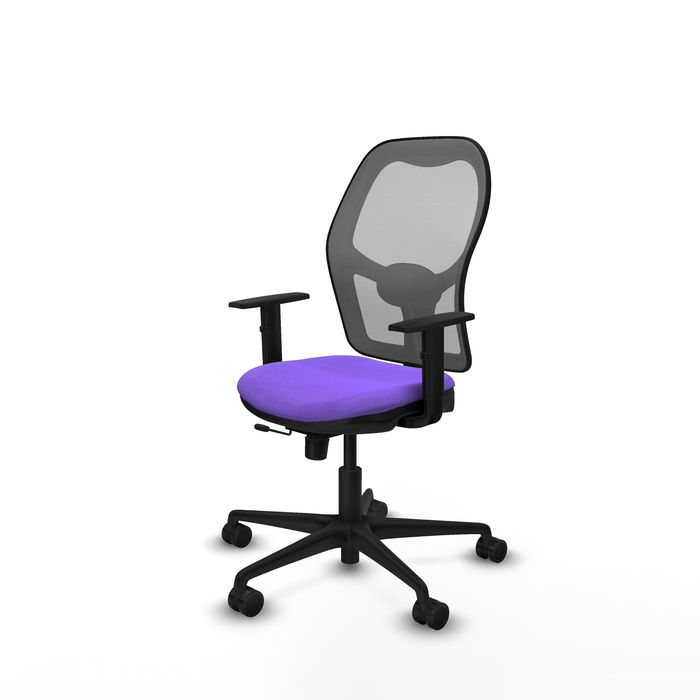 Silla de oficina Jorquera con mecanismo Sincro/Traslack tapizada con Tela color Lila y malla color Gris. Equipada con lumbar 1D, Brazos 1D y Ruedas 65mm nailon