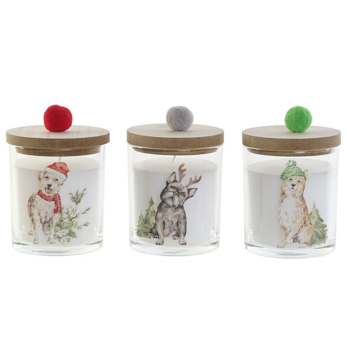 DKD Home Decor Set de 3 Velas de Cristal Multicolor Pompón Navidad Alpina